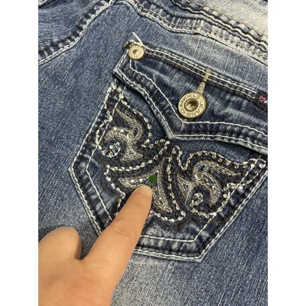 McBling Angels Low Rise Capri Jeans 30W Rhinestone Embroidered Medium Wash Y2K - Picture 6 of 13